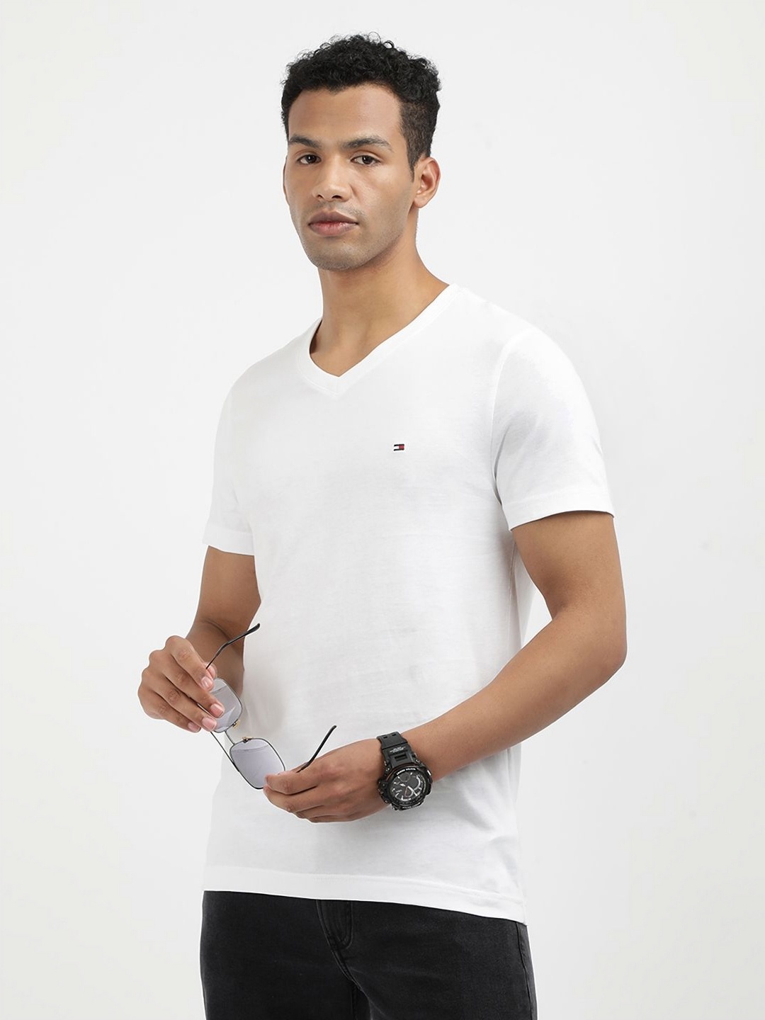 

Tommy Hilfiger Men Solid V-Neck Cotton Slim Fit T-shirt, White