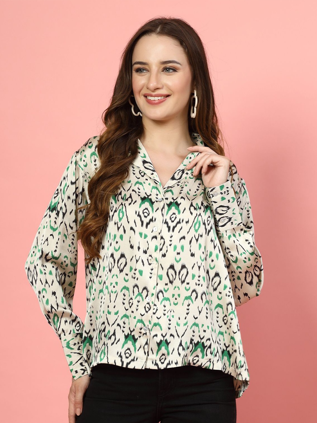 

plusS Women Opaque Printed Casual Shirt, Beige