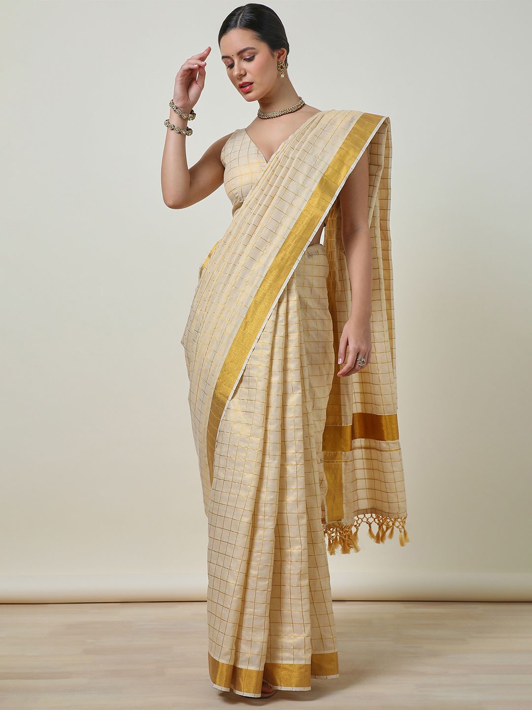 

Soch Checked Zari Tissue Kasavu Saree, Cream