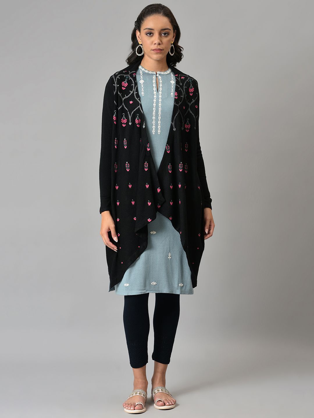 

W Women Polyester PU Coated Longline Cardigan, Black