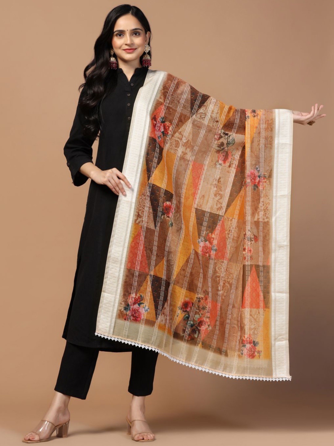 

Kaizen TEXO FAB Sequinned Floral Printed Dupatta, Orange