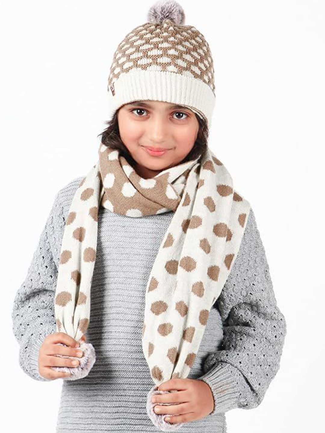 

Bharatasya Kids Set of Pom Pom knitted Winter Cap and Muffler, Brown