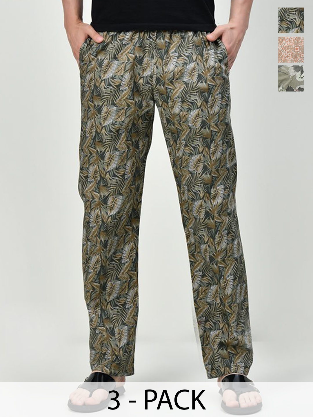

BAESD Men Pack Of 3 Printed Pure Cotton Lounge Pants, Green