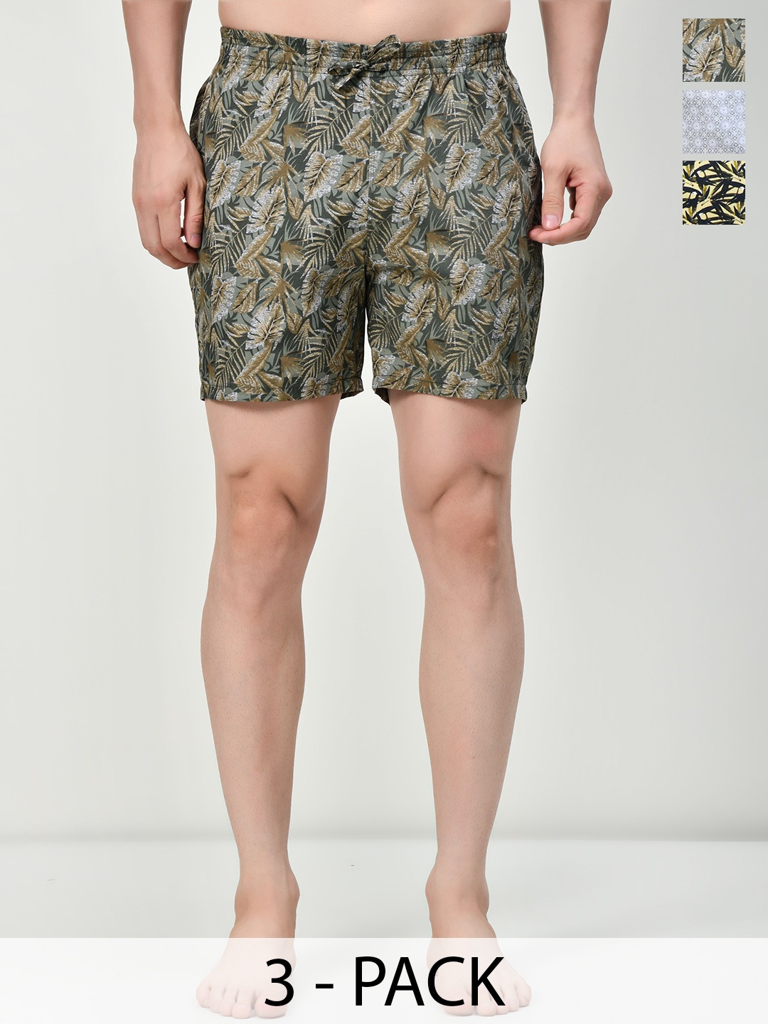 

BAESD Pack of 3 Men Pure Cotton Printed High-Rise Regular Fit Shorts, Multi