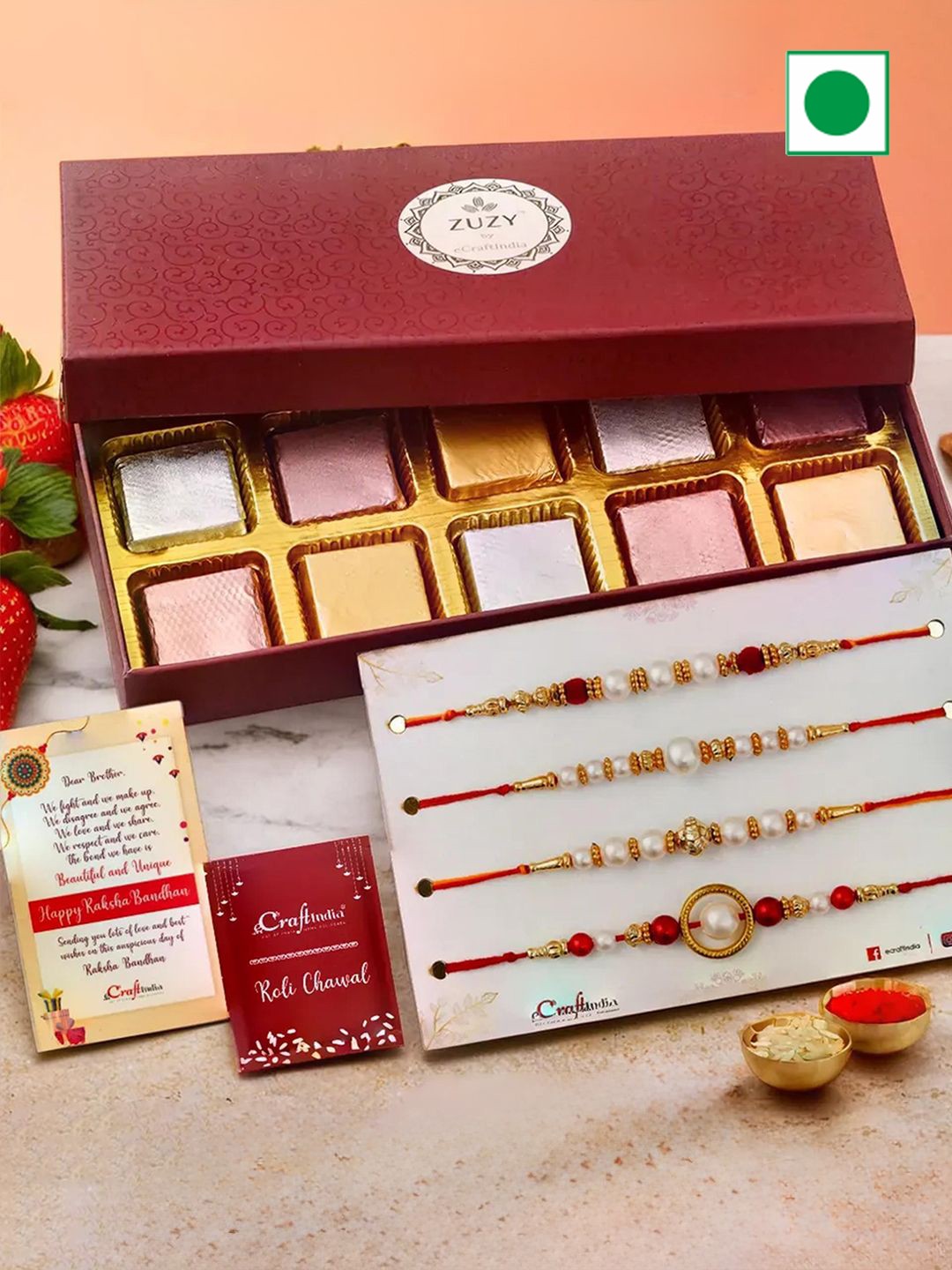 

eCraftIndia Set of 5 Rudraksha Rakhis With Zuzy Assorted Chocolates10 Pcs & Roli Chawal, Gold