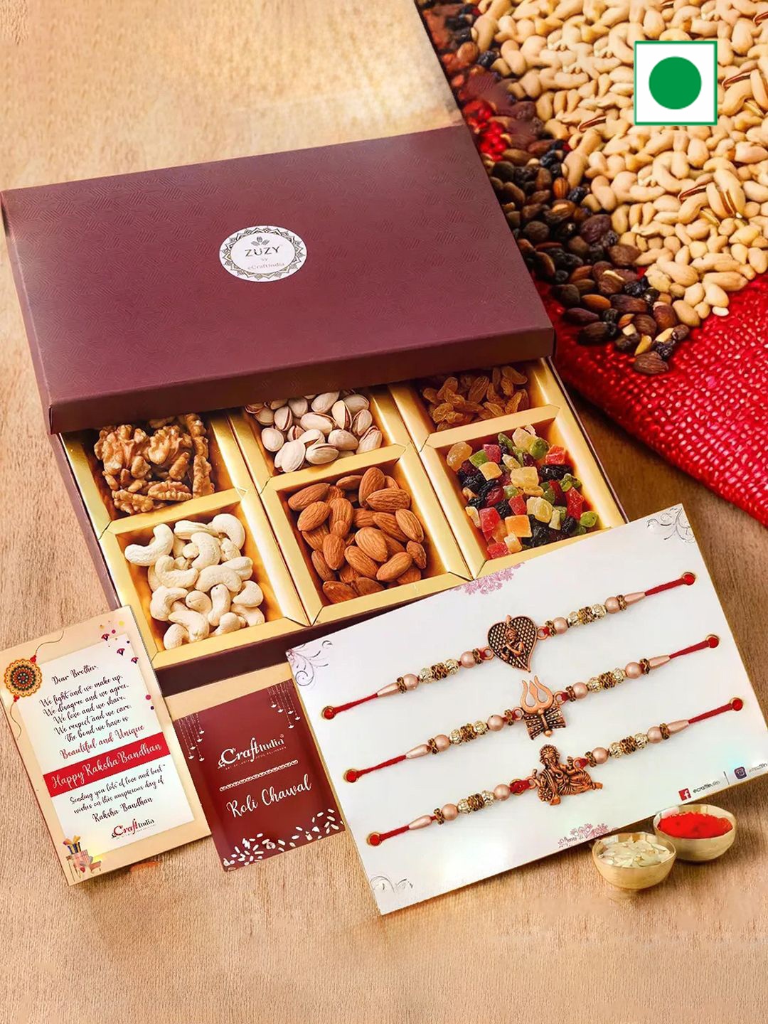 

eCraftIndia Set of 3 Beaded Rakhis with Dry Fruit Box And Roli Chawal, Gold