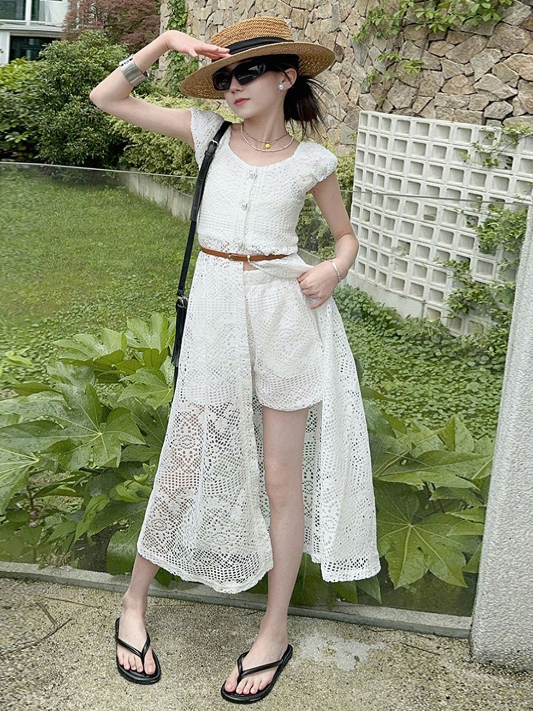 

INCLUD Girls Self Designed Top with Shorts, White