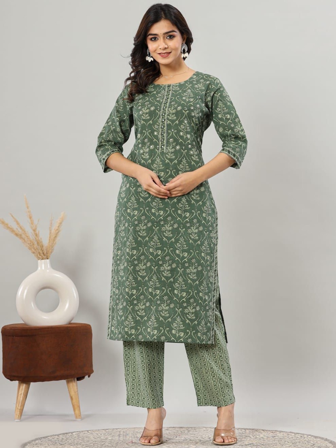 

KALINI Floral Printed Round Neck Pure Cotton Straight Kurta with Trousers & Dupatta, Green