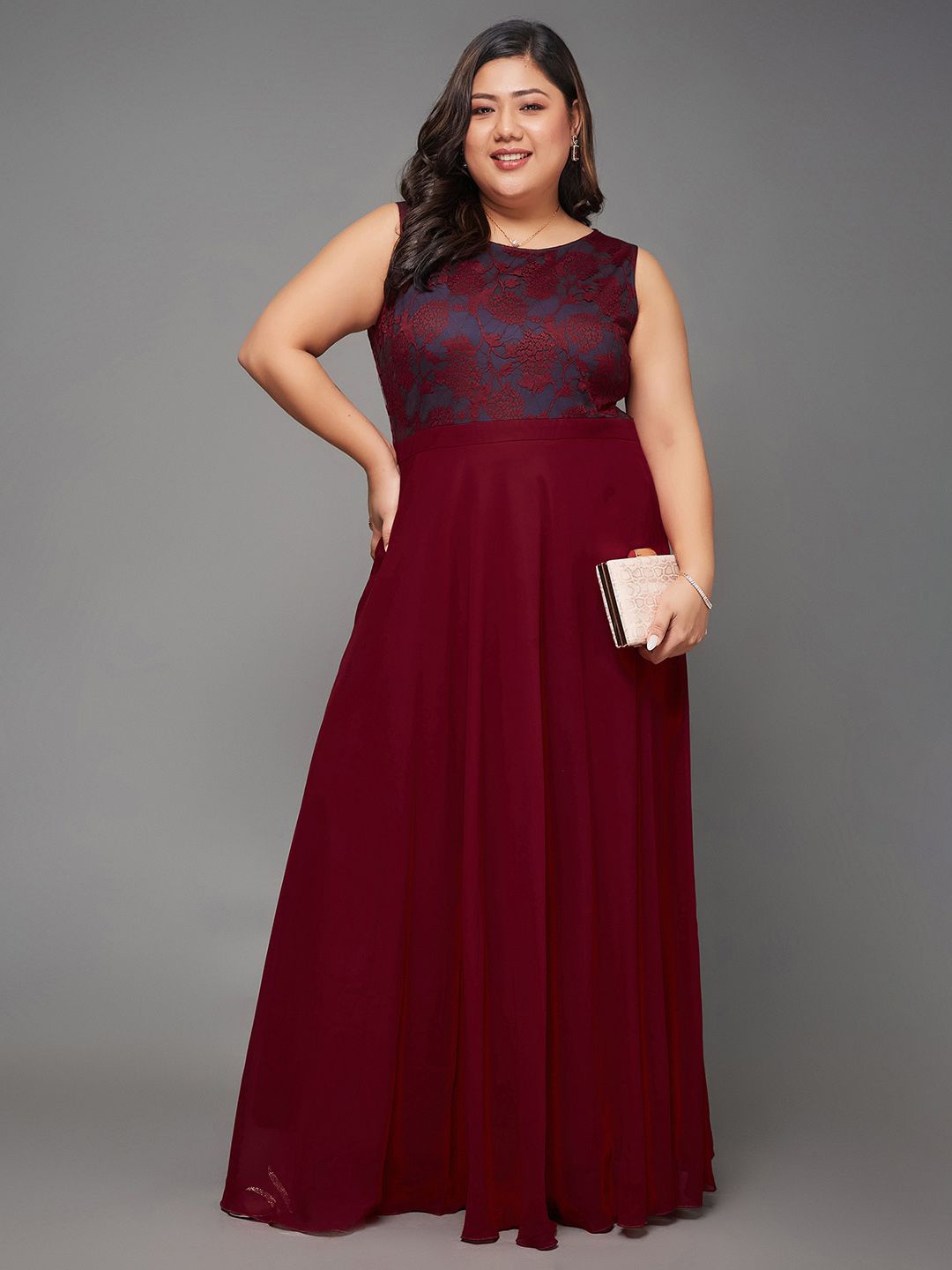 

Miss Chase A+ Women Self Design Lace Overlaid Maxi Dress, Maroon