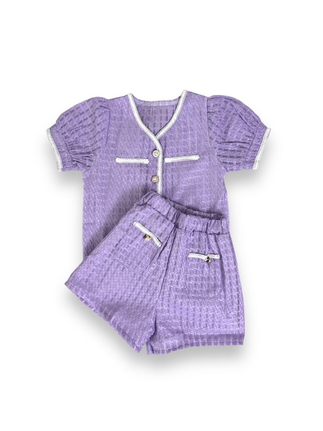 

TrendyKid Girls Self Design V-Neck Top With Shorts, Lavender