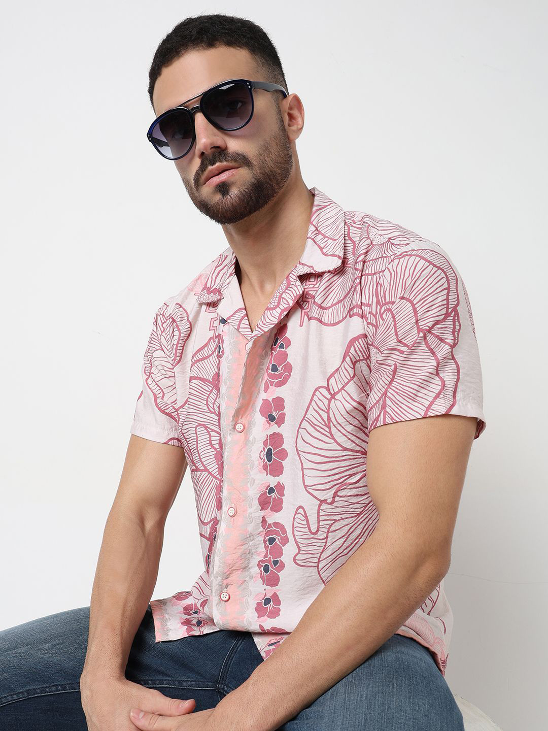 

R&B Men Original Floral Opaque Printed Casual Shirt, White