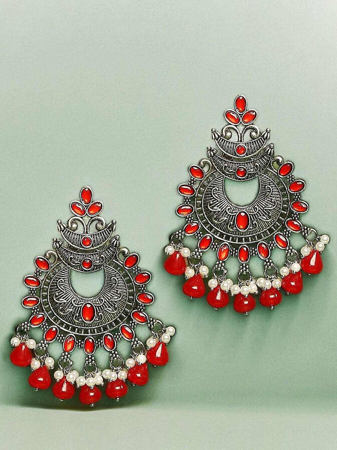 

Sangria Oxidized Floral Shaped Stones Studded & Pearls Beaded Drop Earrings, Silver