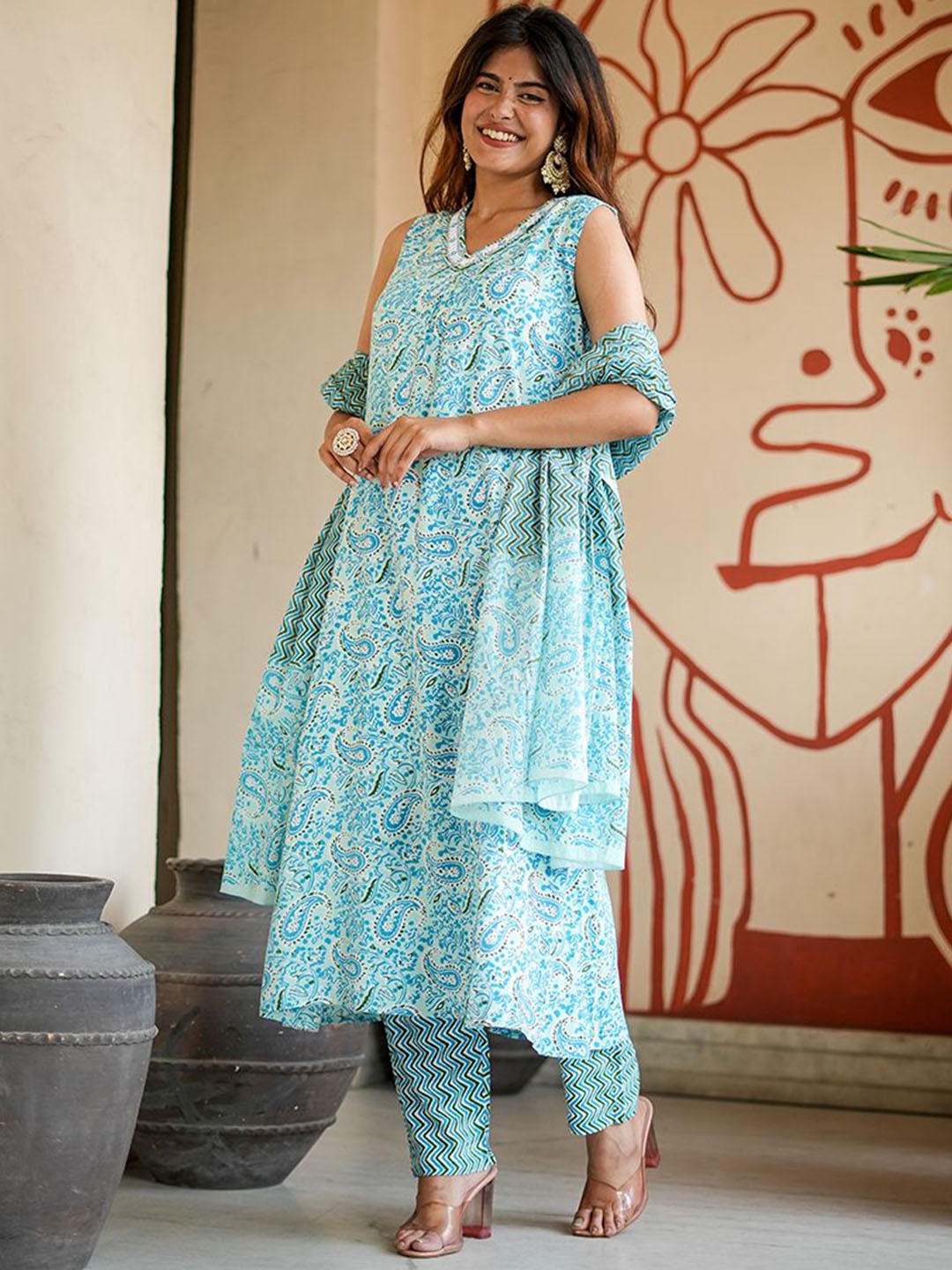 

KALINI Paisley Printed V-Neck Pure Cotton A-Line Kurta with Trousers & Dupatta, Blue