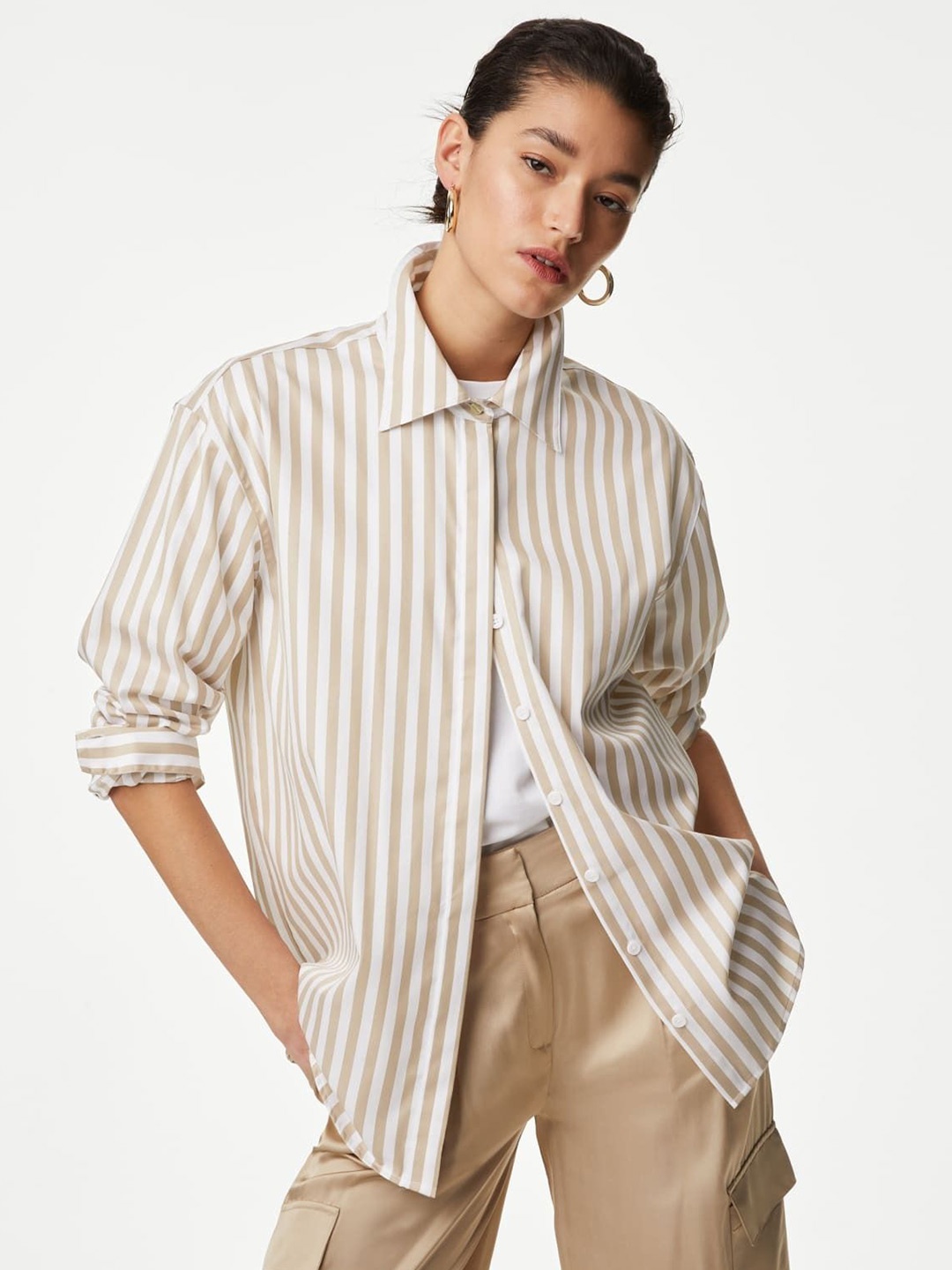 

Marks & Spencer Women Opaque Striped Casual Shirt, Beige