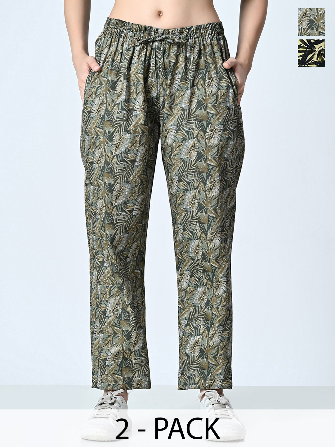 

BAESD Pack of 2 Women Printed Mid-Rise Pure Cotton Easy Wash Trousers, Green