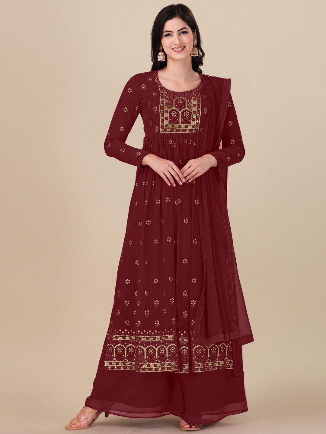 

KALINI Floral Embroidered Semi-Stitched Dress Material, Maroon