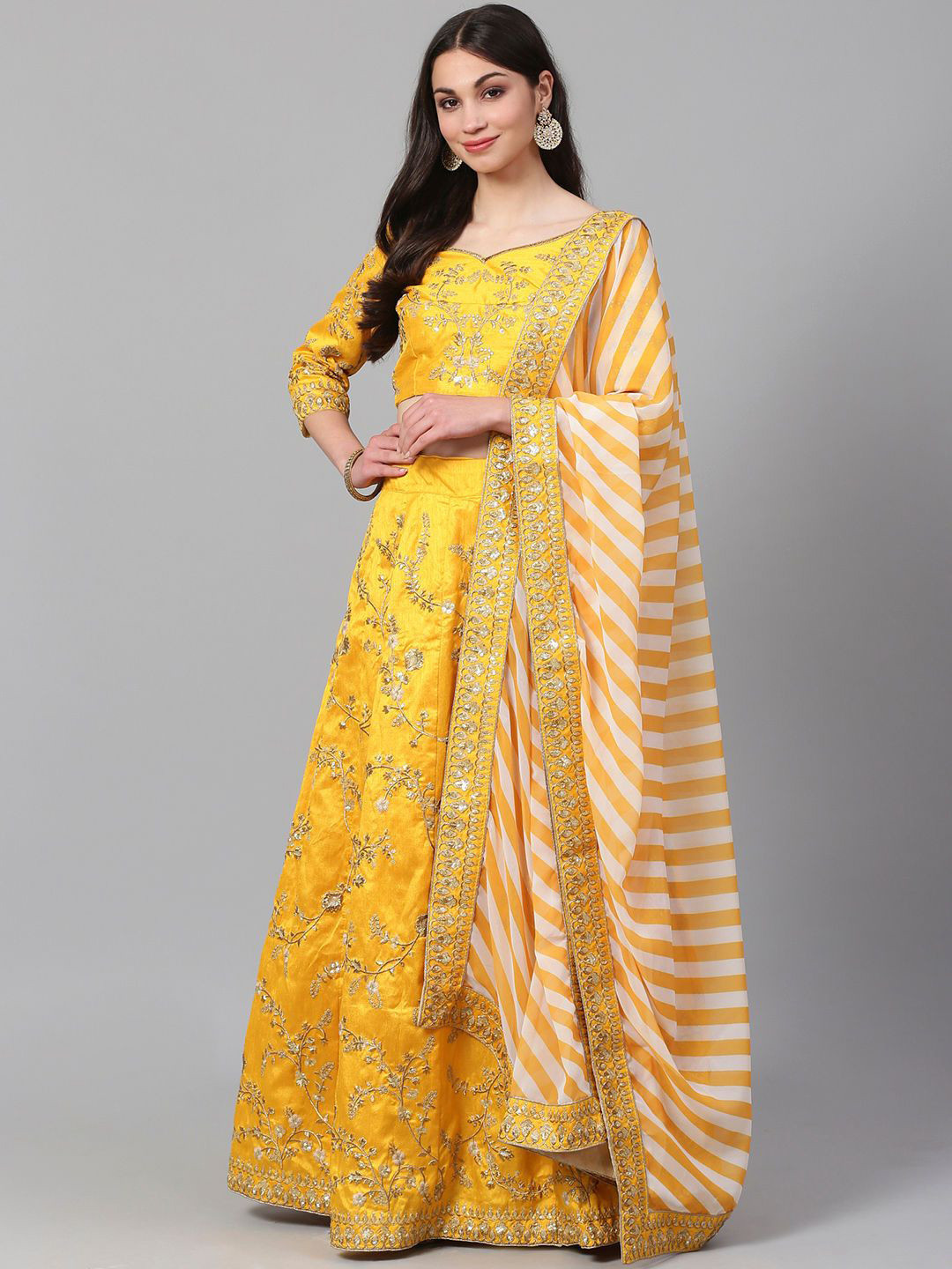 

FABPIXEL Embroidered Sequinned Semi-Stitched Lehenga & Unstitched Blouse With Dupatta, Yellow