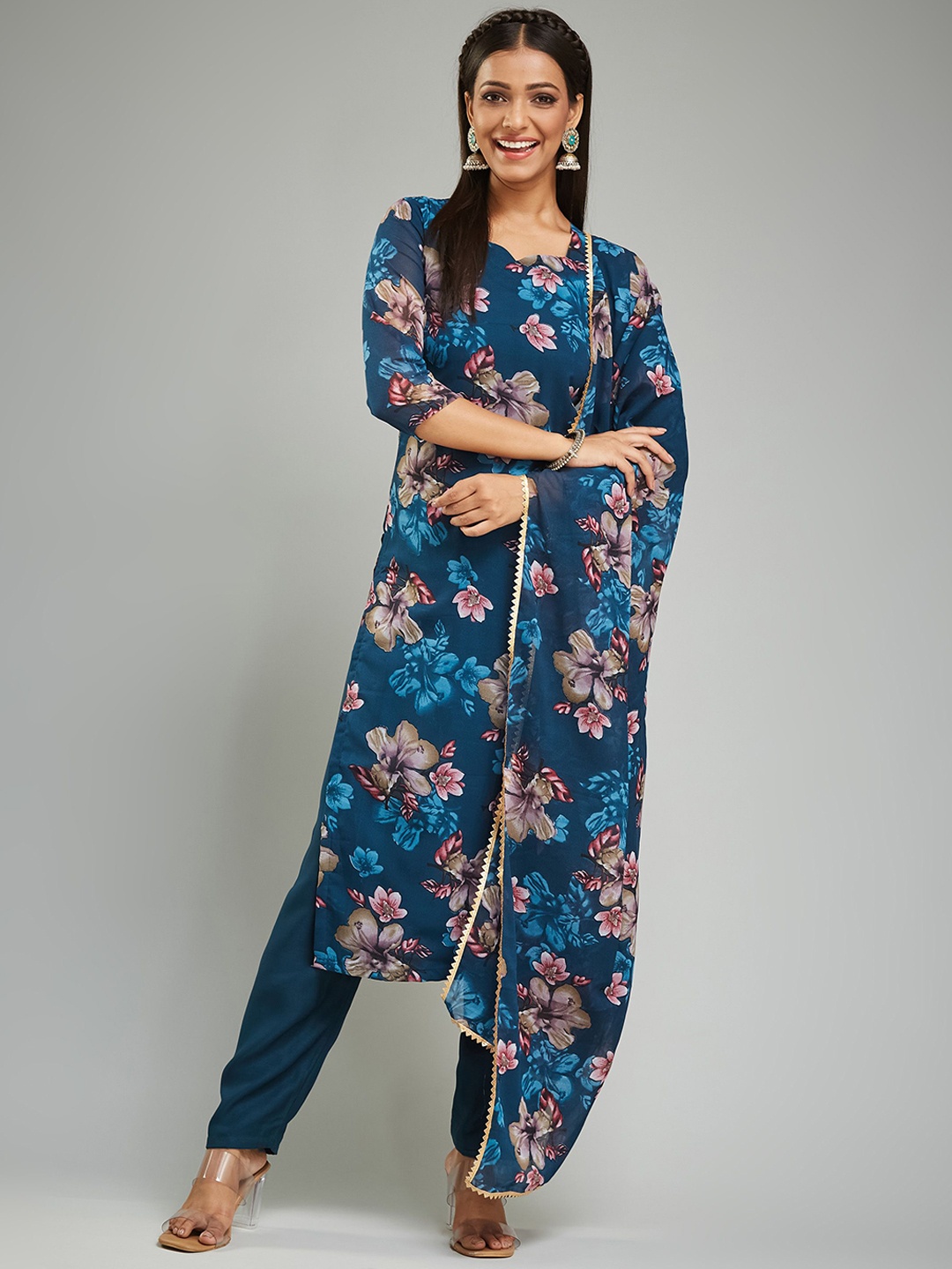 

KALINI Floral Printed Gotta Patti Kurta with Trousers & Dupatta, Teal