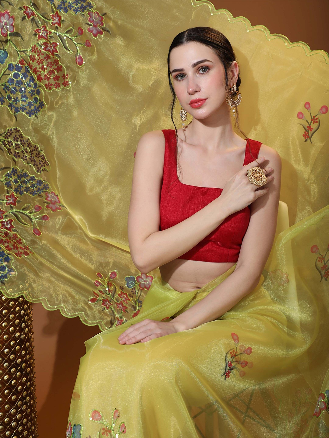

Vastrasky Global Floral Embroidered Organza Lime Green Saree