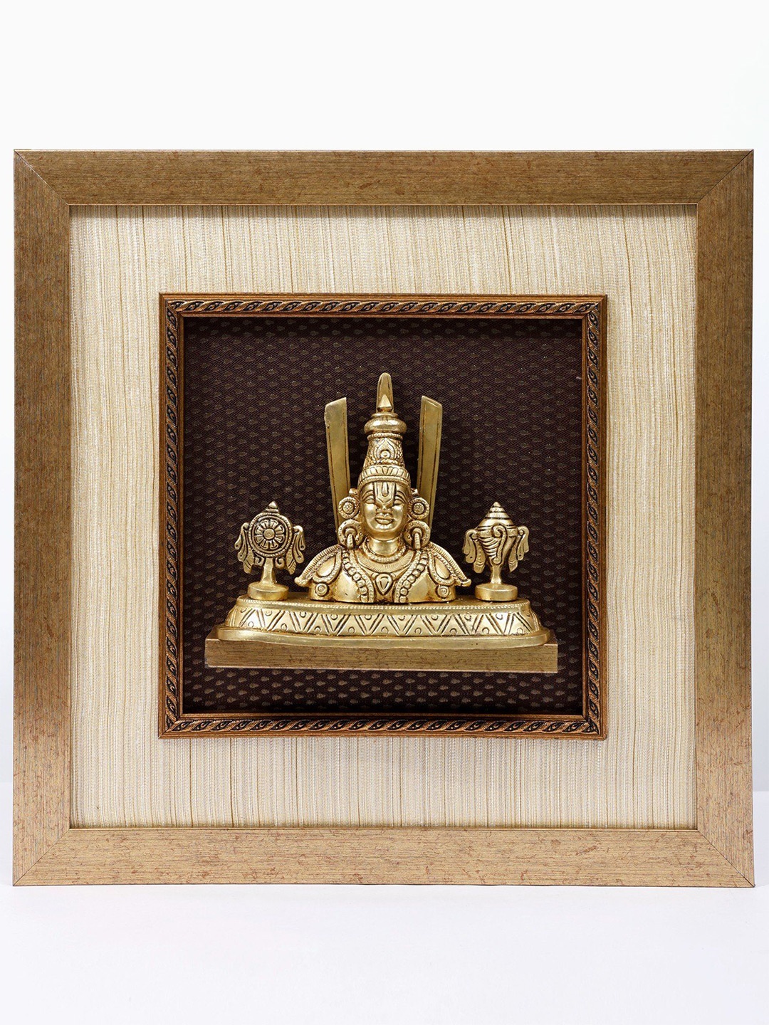 

Exotic India Wooden Wall Framed Brass Tirupati Balaji (Venkateshvara) and Vaishnava Symbol, Gold