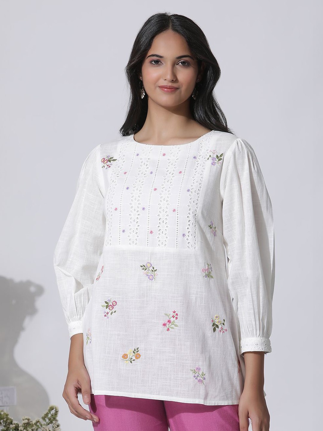 

W Floral Print Cotton Top, White