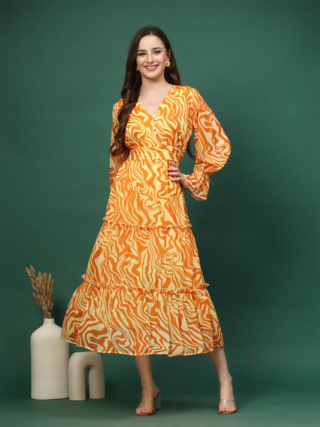 

plusS Printed Bell Sleeves Tiered Fit and Flare Midi Dress, Mustard