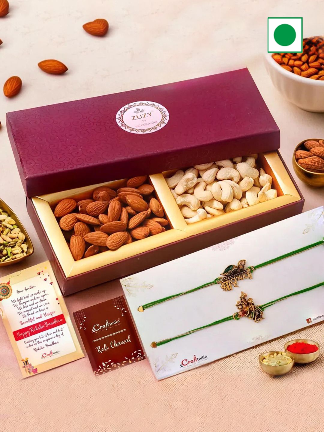

eCraftIndia Set of 3 Designer Rakhis With Zuzy Dried Fruit Box and Roli Chawal Pack, Green