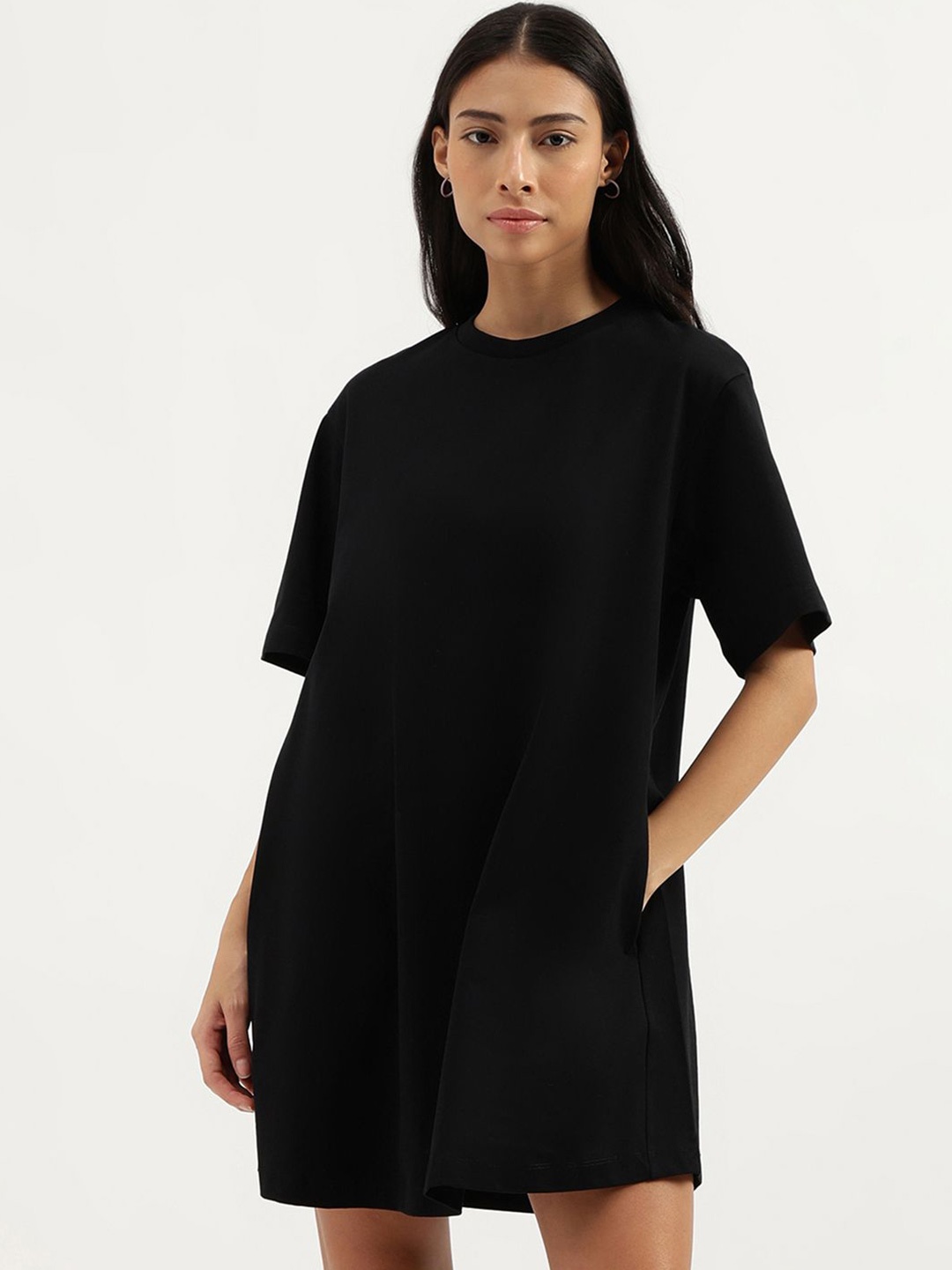 

United Colors of Benetton Cotton Round Neck Solid T-shirt Dress, Black