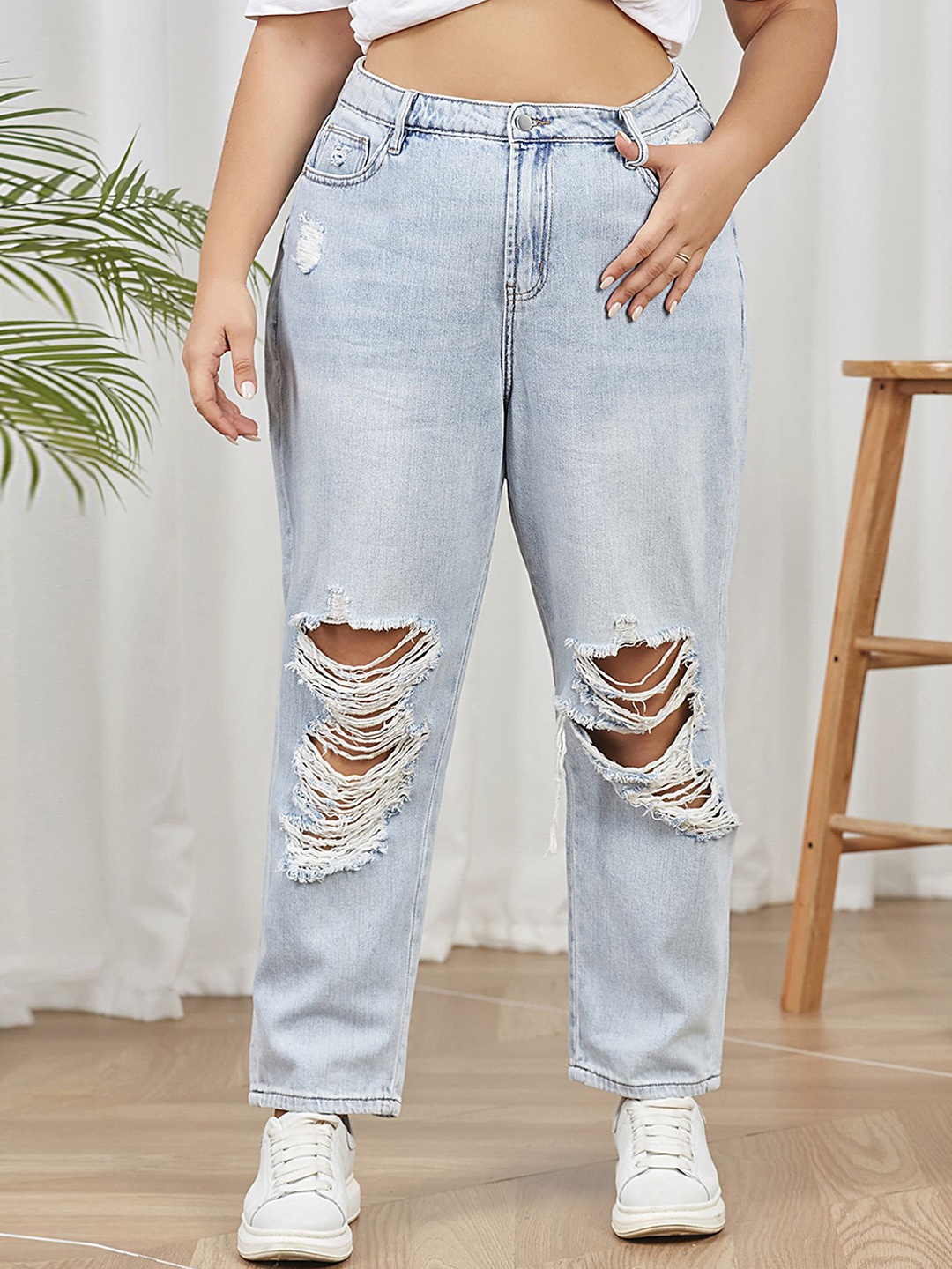 

LULU & SKY Women Plus Size Straight Fit High-Rise Distressed Heavy Fade Ripped Jeans, Blue