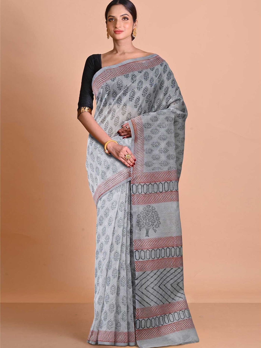 

Unnati Silks Ethnic Motifs Handloom Block Print Saree, Grey