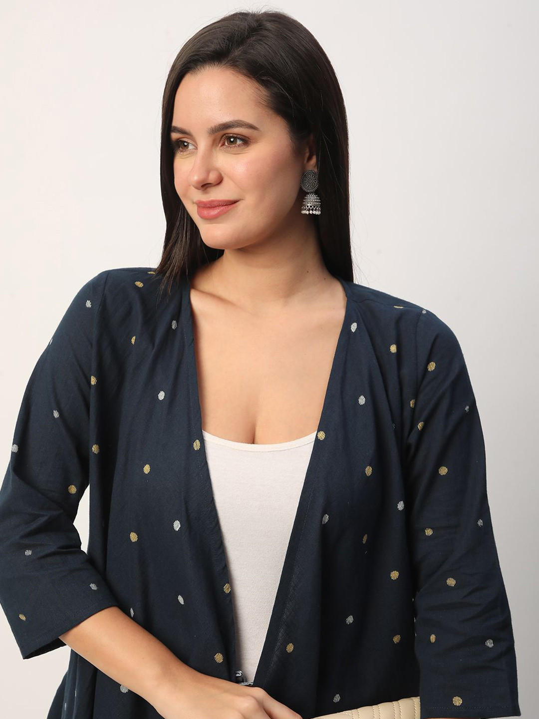

R&B Women Printed Embroidered Cotton Ethnic Shrug, Blue