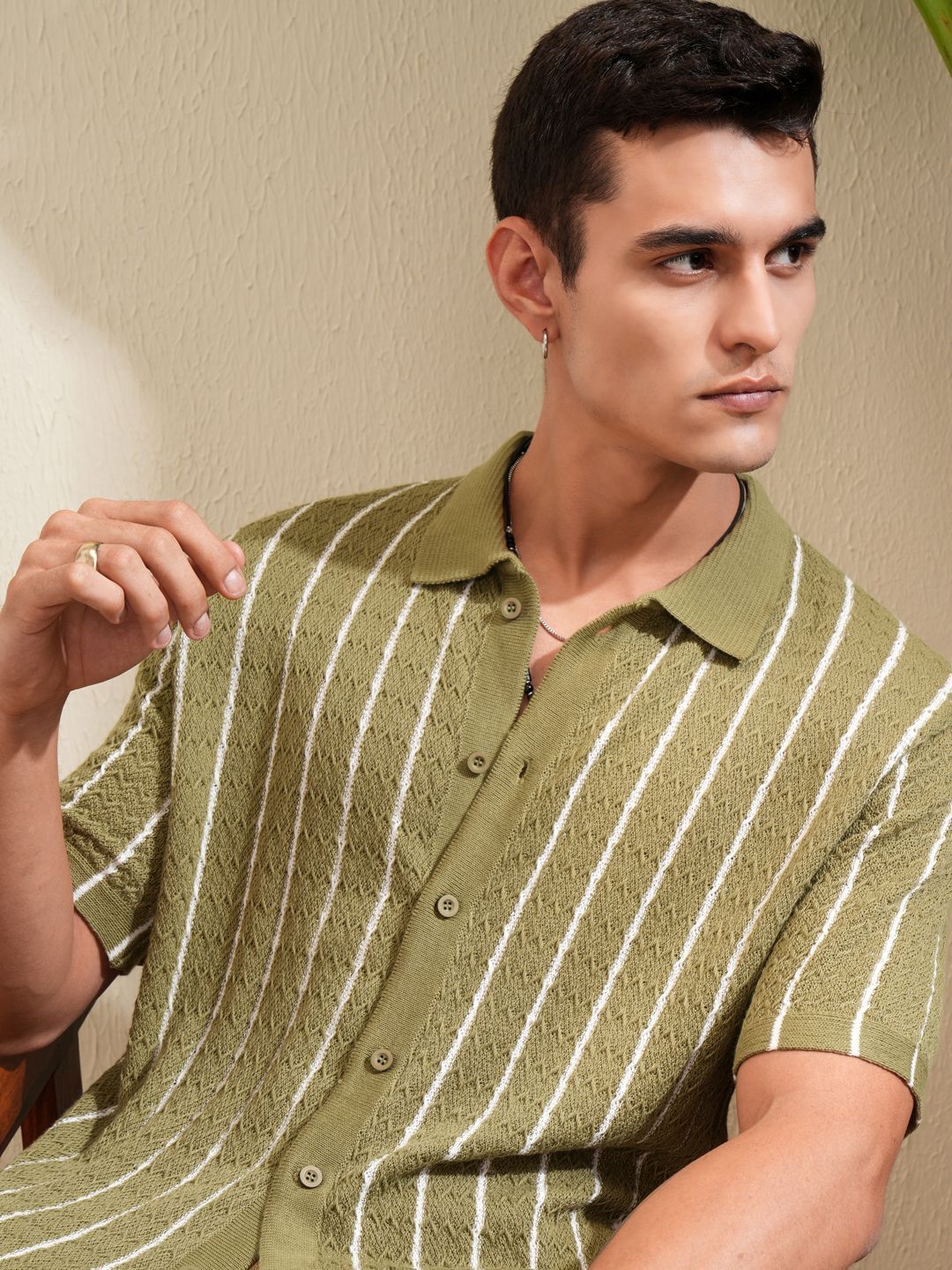 

HIGHLANDER Men Oversized Textured Dobby Striped Overshirt, Beige