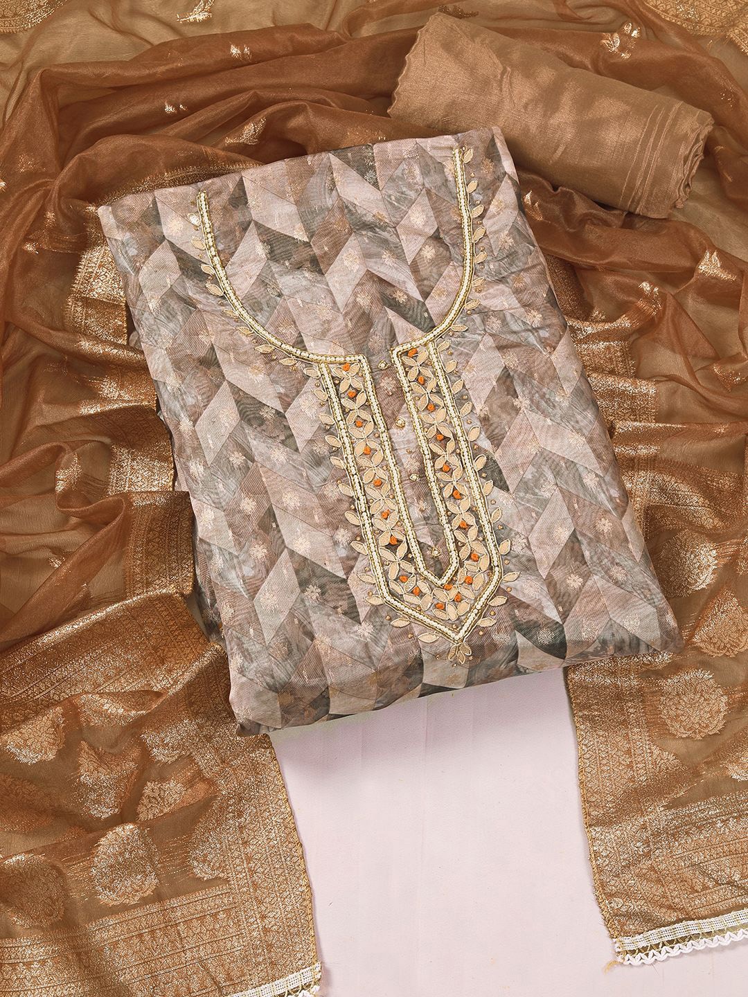 

KALINI Geometric Embroidered Sequinned Organza Unstitched Dress Material, Beige