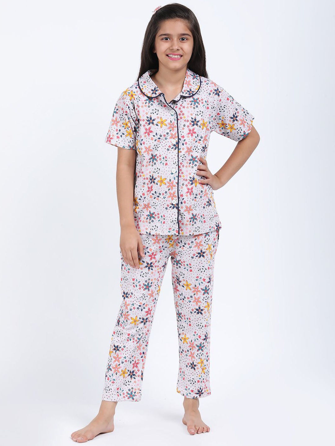 

Elzoh Girls Pure Cotton Printed Night suit, Grey