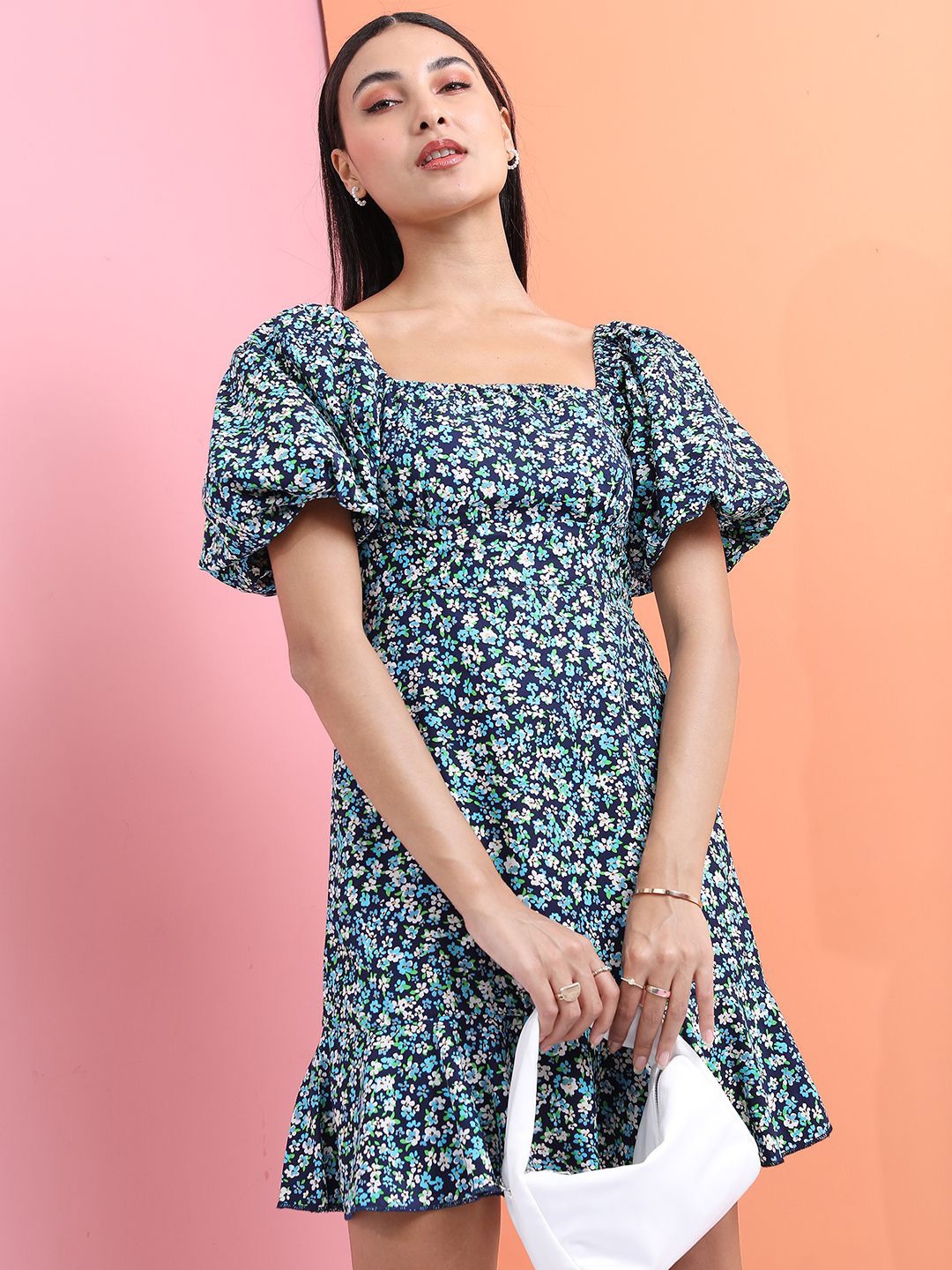 

Tokyo Talkies Floral Printed Flutter Sleeve Sheath Dress, Navy blue