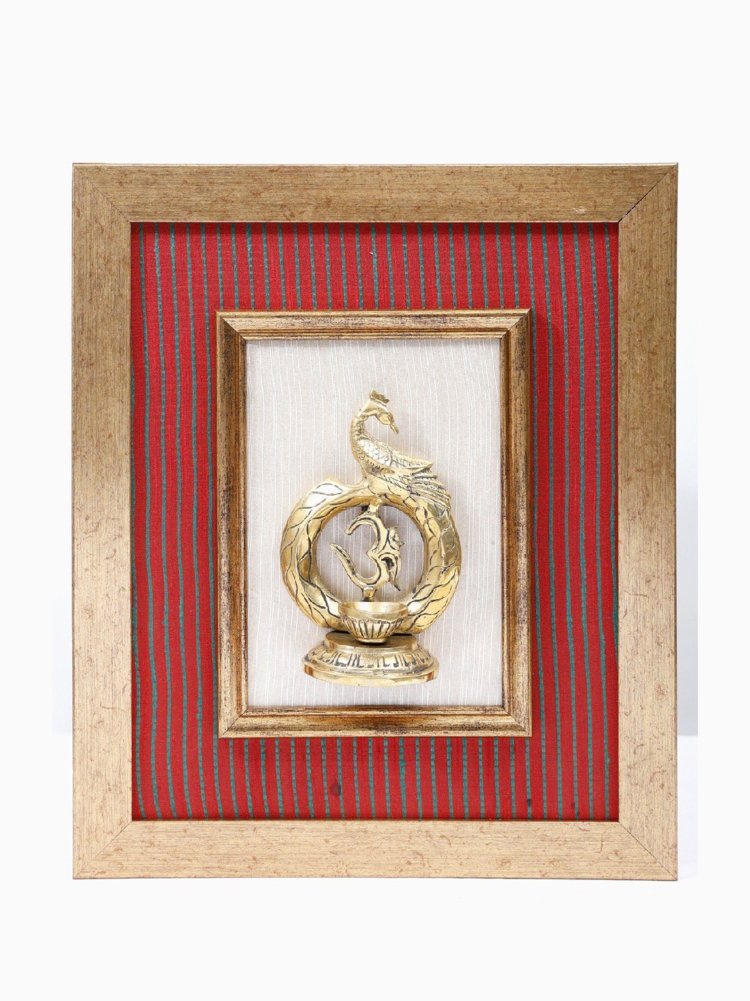 

Exotic India Wooden Framed Brass Stylized Om (Aum) Diya with Peacock Wall Hanging, Gold