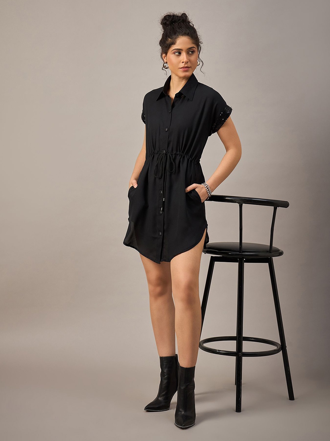 

The Roadster Lifestyle Co Shirt Collar Solid A-Line Dress, Black