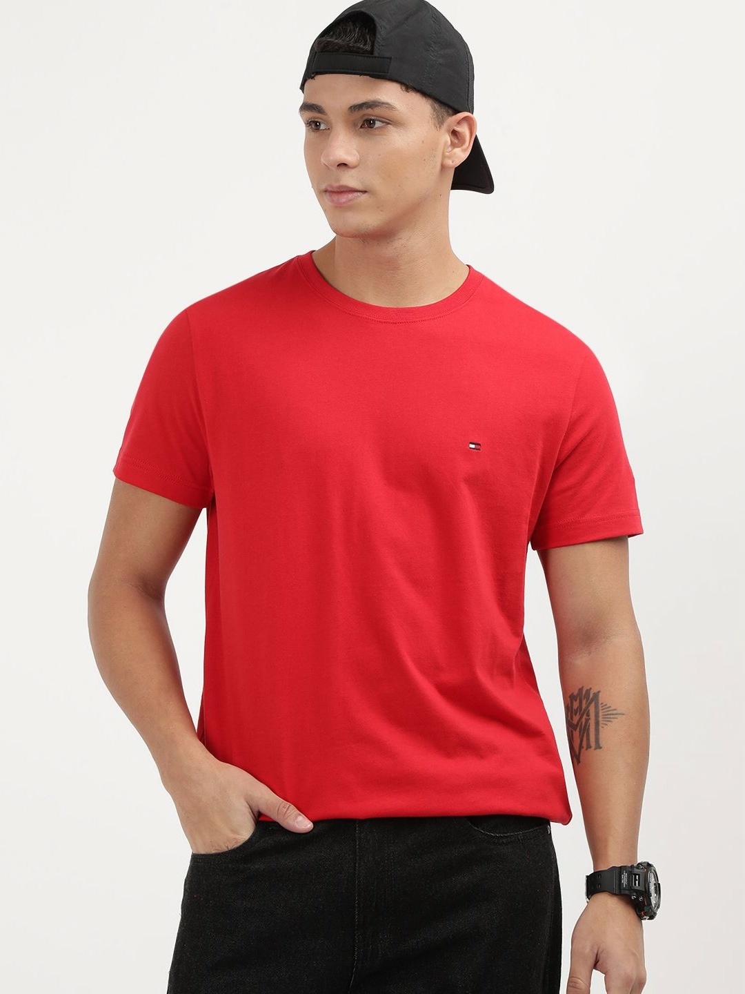 

Tommy Hilfiger Men Solid Round Neck Cotton Slim Fit T-shirt, Red