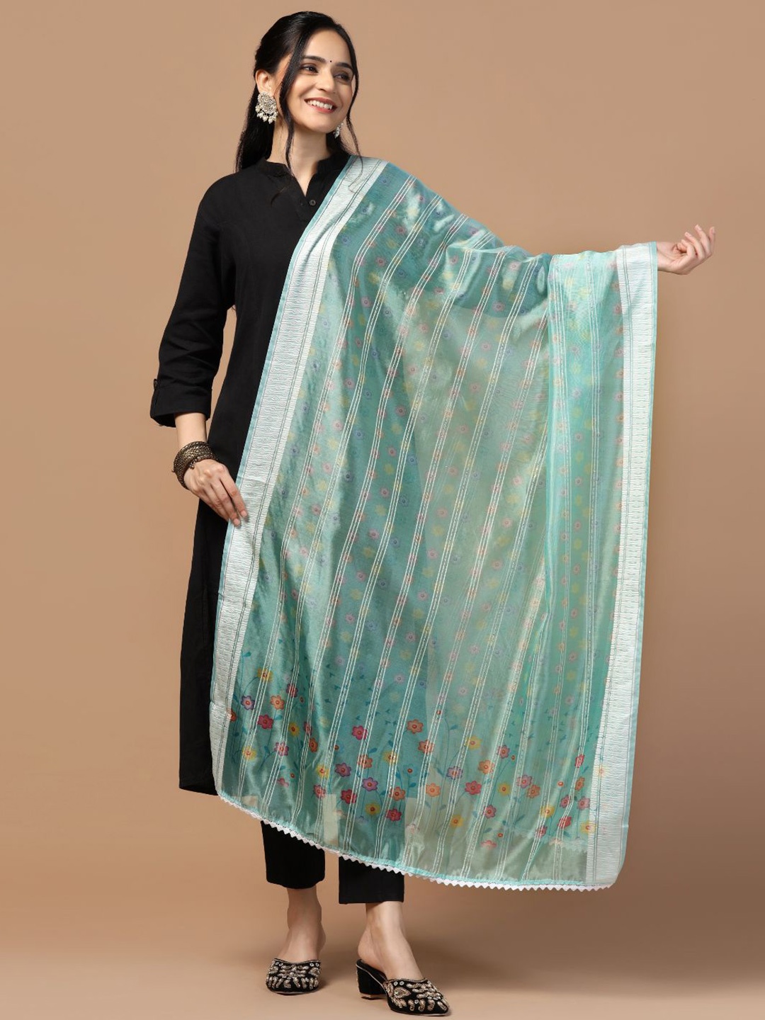 

Kaizen TEXO FAB Floral Printed Organza Silk Dupatta, Sea green