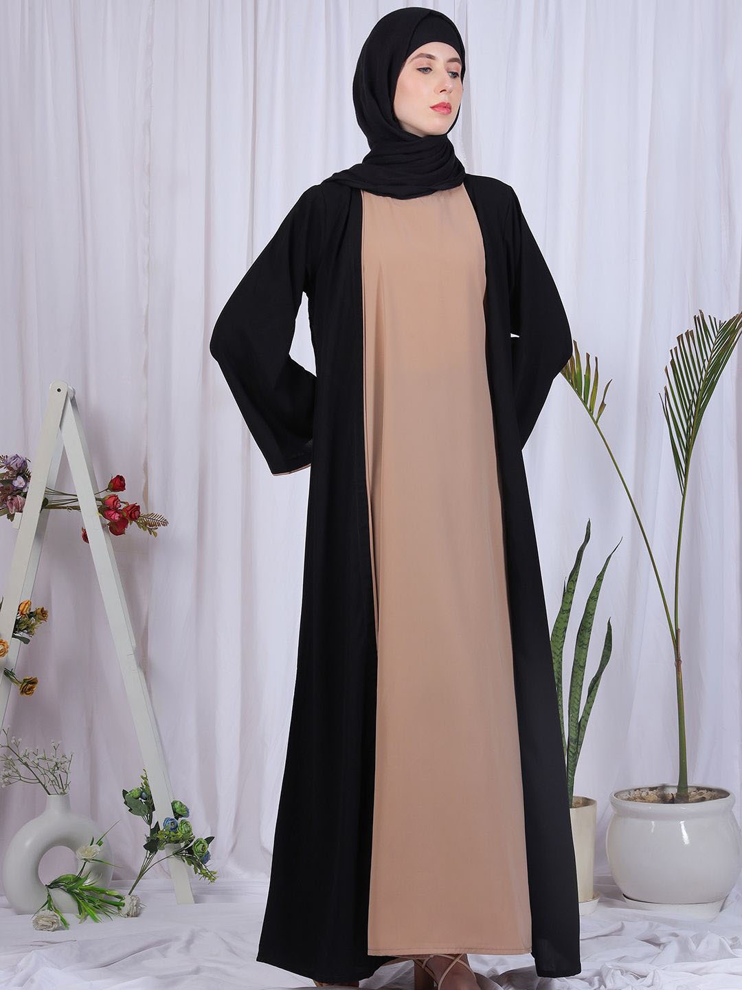 

NABIA Solid Shrug Abaya With Scarf & Inner, Black