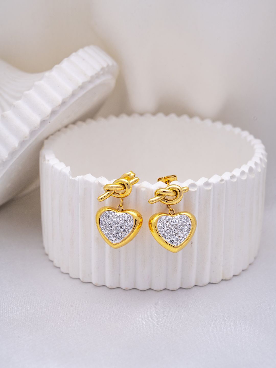 

Perfectly Average Stainless Steel Gold-Plated Stone Studded Knot Heart Charm Drop Earrings