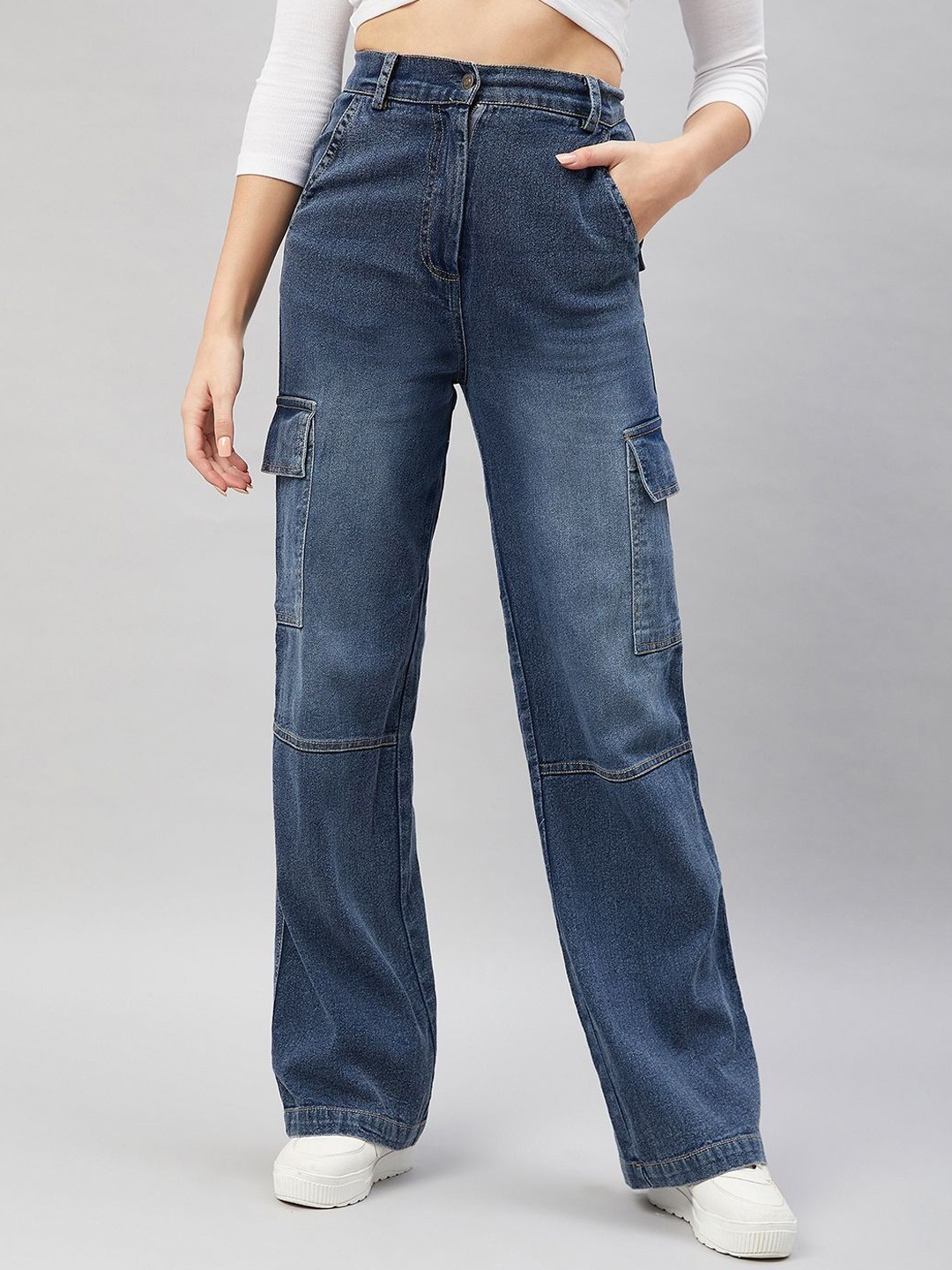 

Orchid Blues Women Mid-Rise Bootcut Light Fade Stretchable Cargo Styles Jeans, Blue