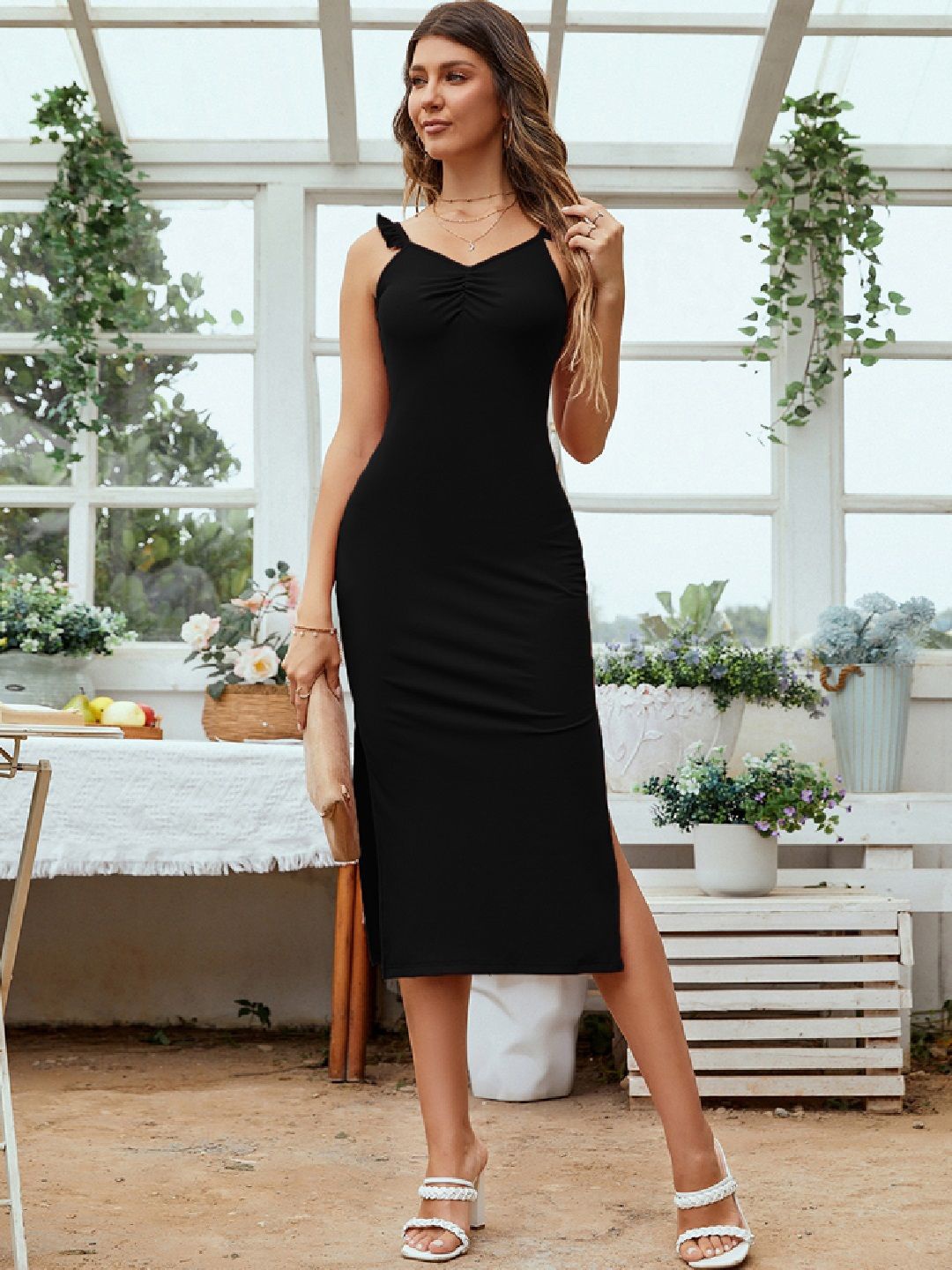

StyleCast Georgette Shoulder Straps Sheath Midi Dress, Black