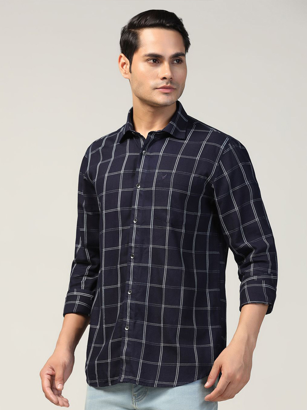 

Blackberrys Men Slim Fit Windowpane Checks Opaque Checked Casual Shirt, Blue