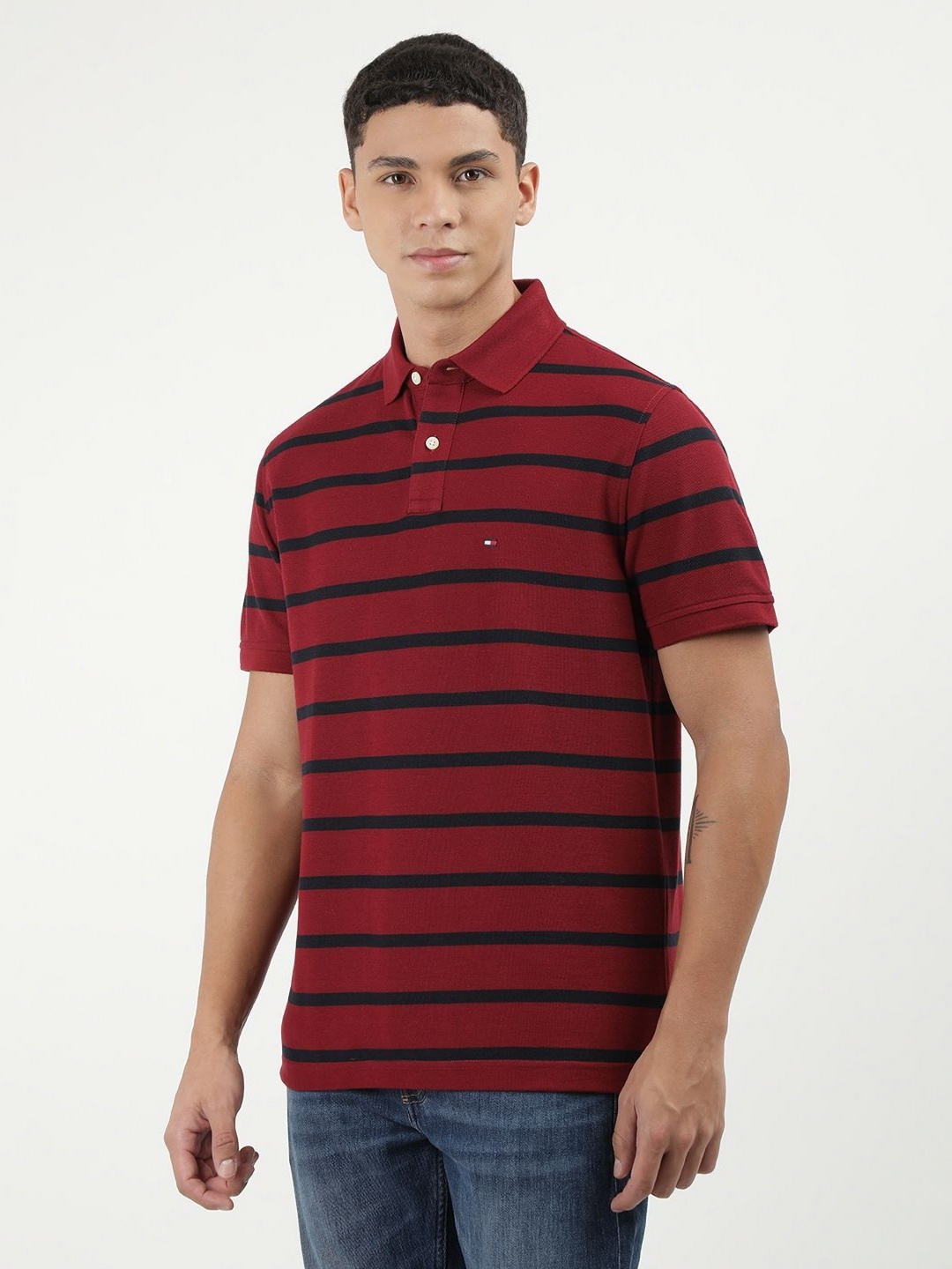 

Tommy Hilfiger Men Striped Polo Collar Cotton T-shirt, Red