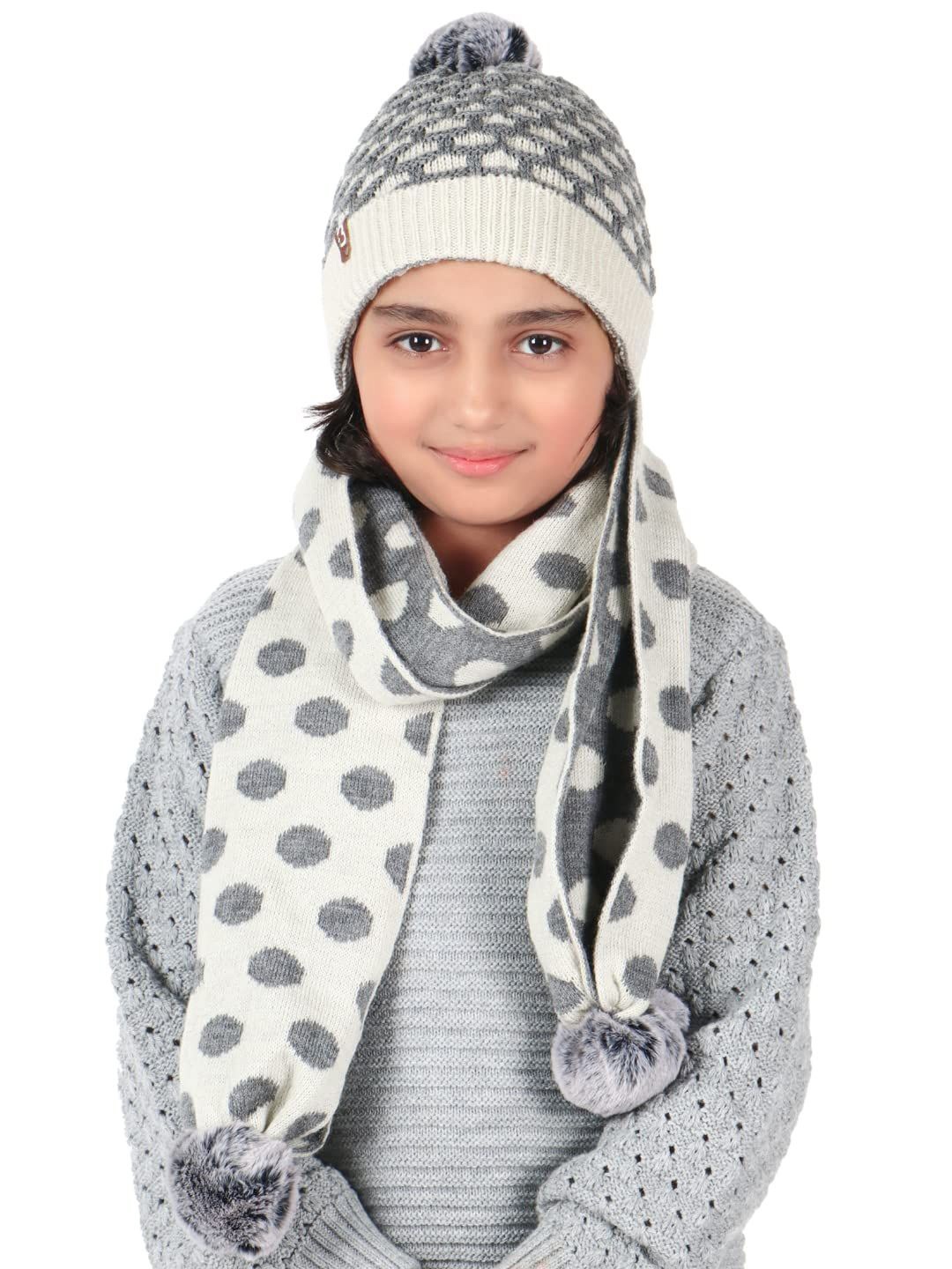 

Bharatasya Girls Set of Pom Pom knitted Winter Cap and Muffler, Grey