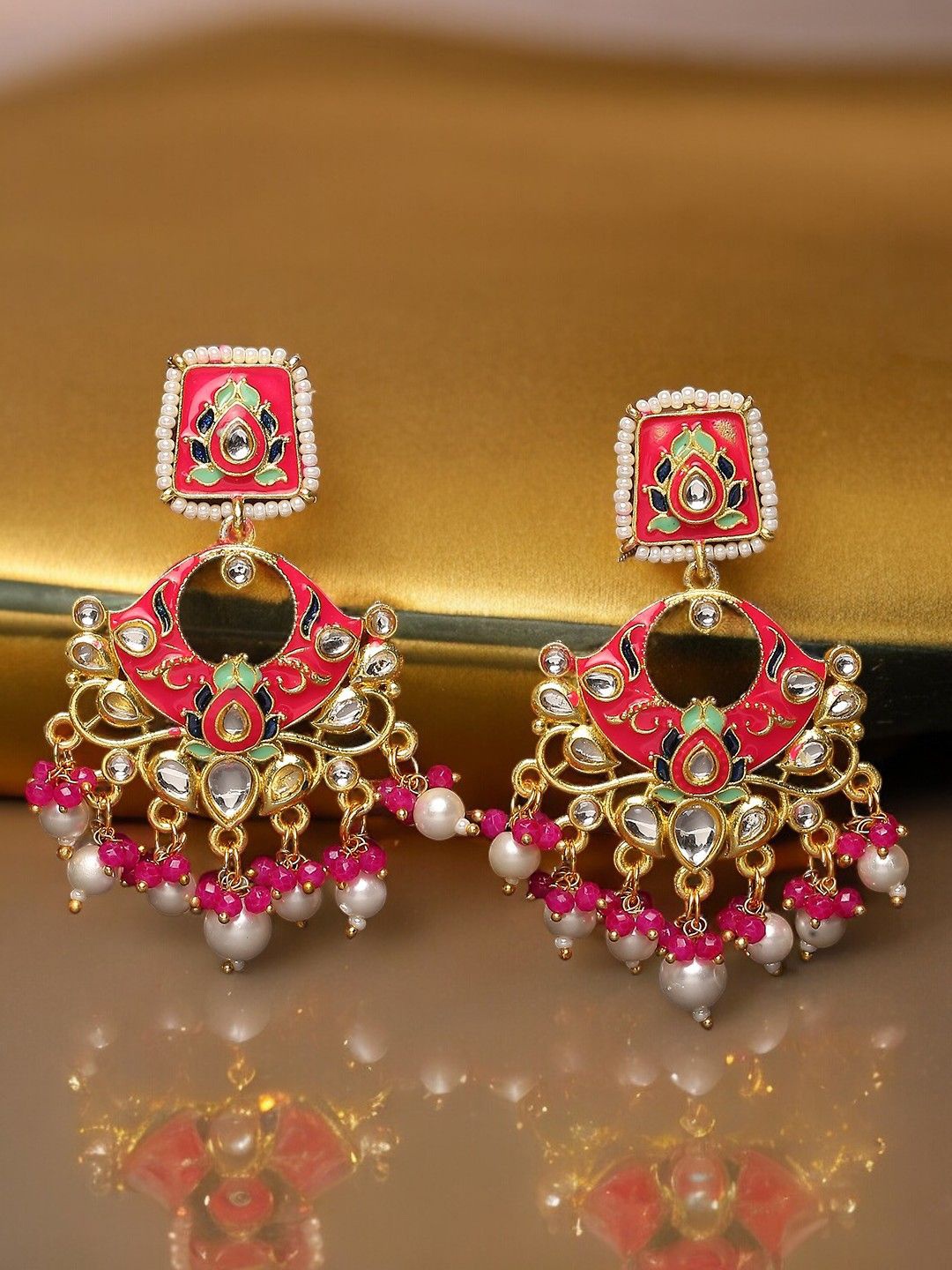 

Anouk Meenakari Kundan Floral Jhumkas, Pink