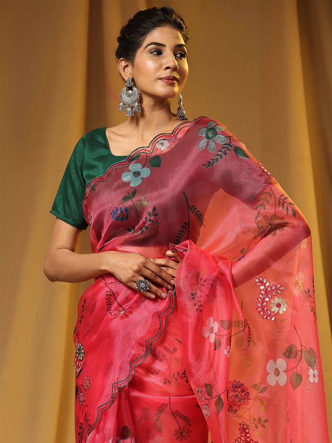 

Vastrasky Global Printed Floral Embroidered Organza Saree, Red