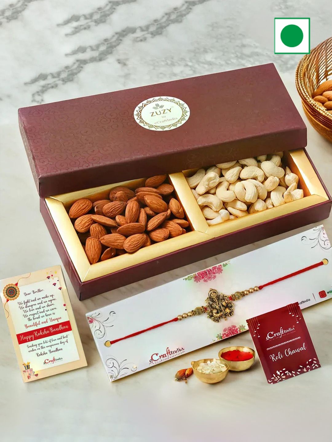 

eCraftIndia Religious Rakhis With Dried Fruit Gift Box and Roli Chawal Pack, Red
