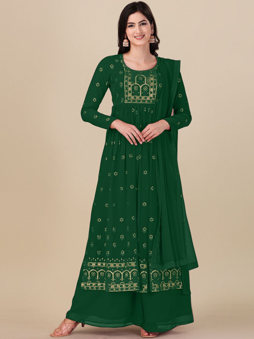 

KALINI Floral Embroidered Semi-Stitched Dress Material, Green